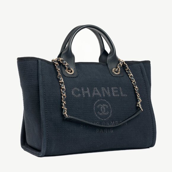 Chanel Small Deauville Black Canvas Logo Shopping Bag - Picture 2 of 16